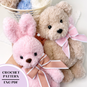 Crochet teddy bear and rabbit pattern. Amigurumi plush animals toys