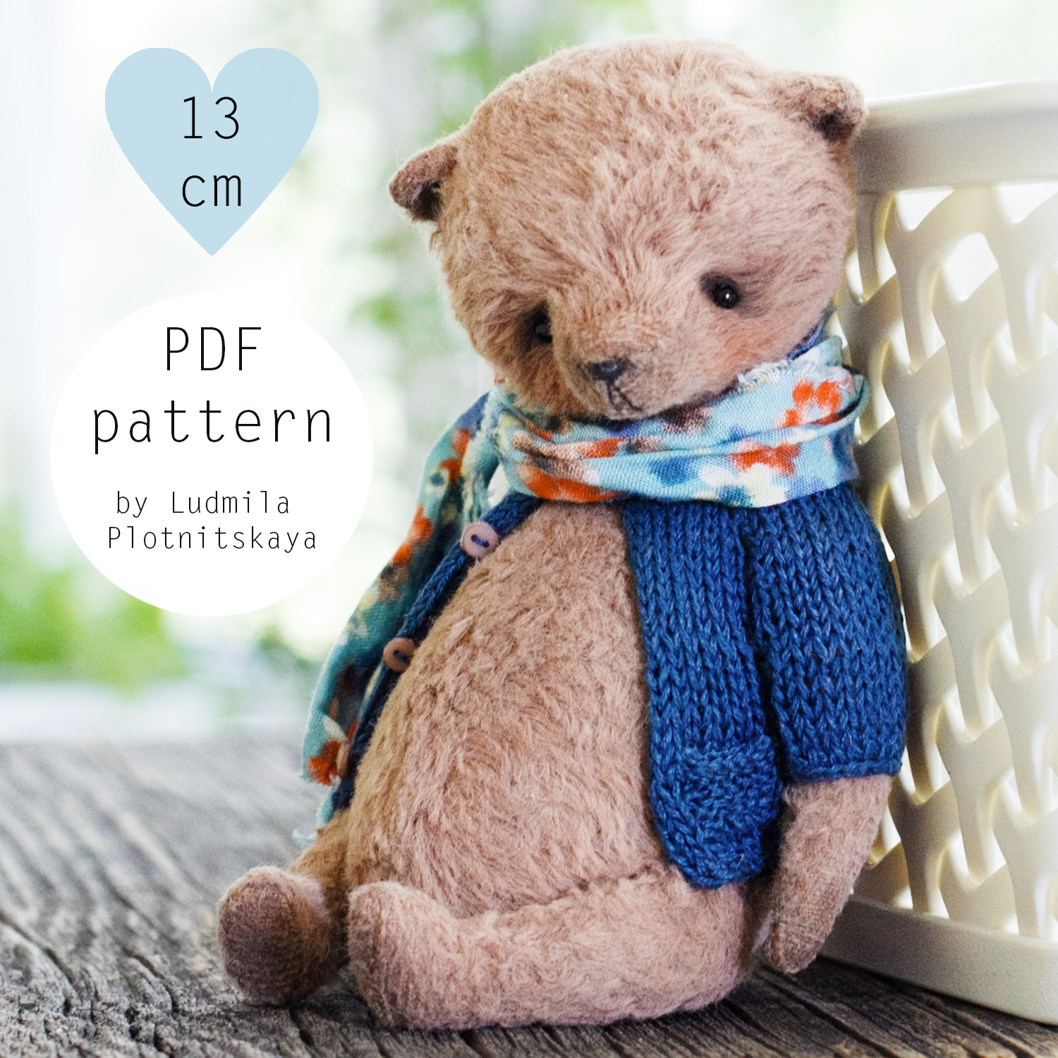 Artist teddy bear pattern (13 cm), cute bear sewing pattern