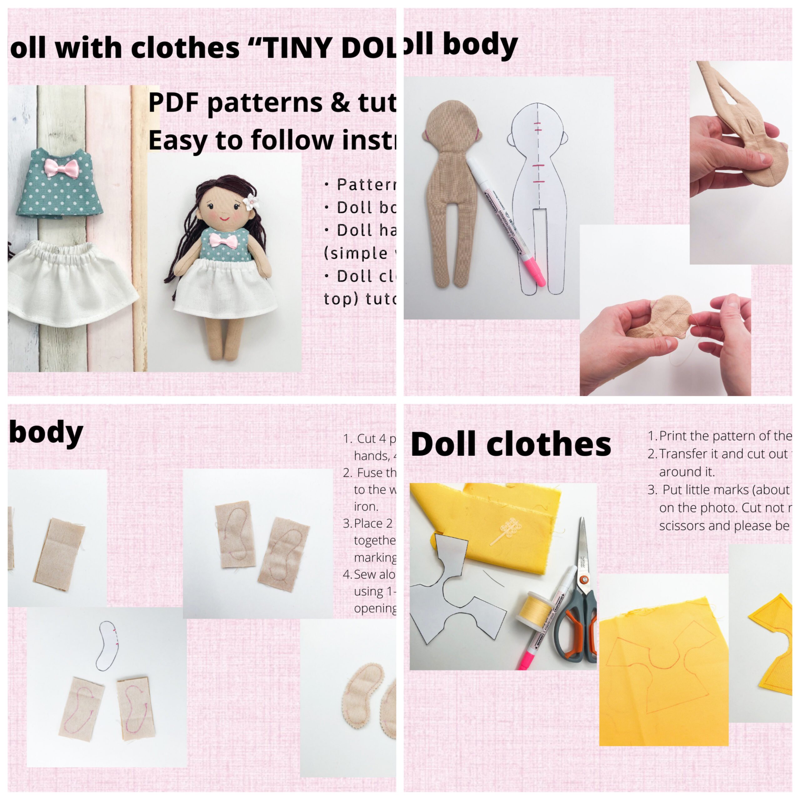 2 patterns in 1. Rag doll pattern + Doll hair for styling pattern -  DailyDoll Shop