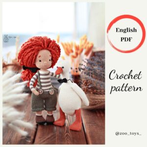 Crochet Pattern ginger doll and goose. Amigurumi doll goose