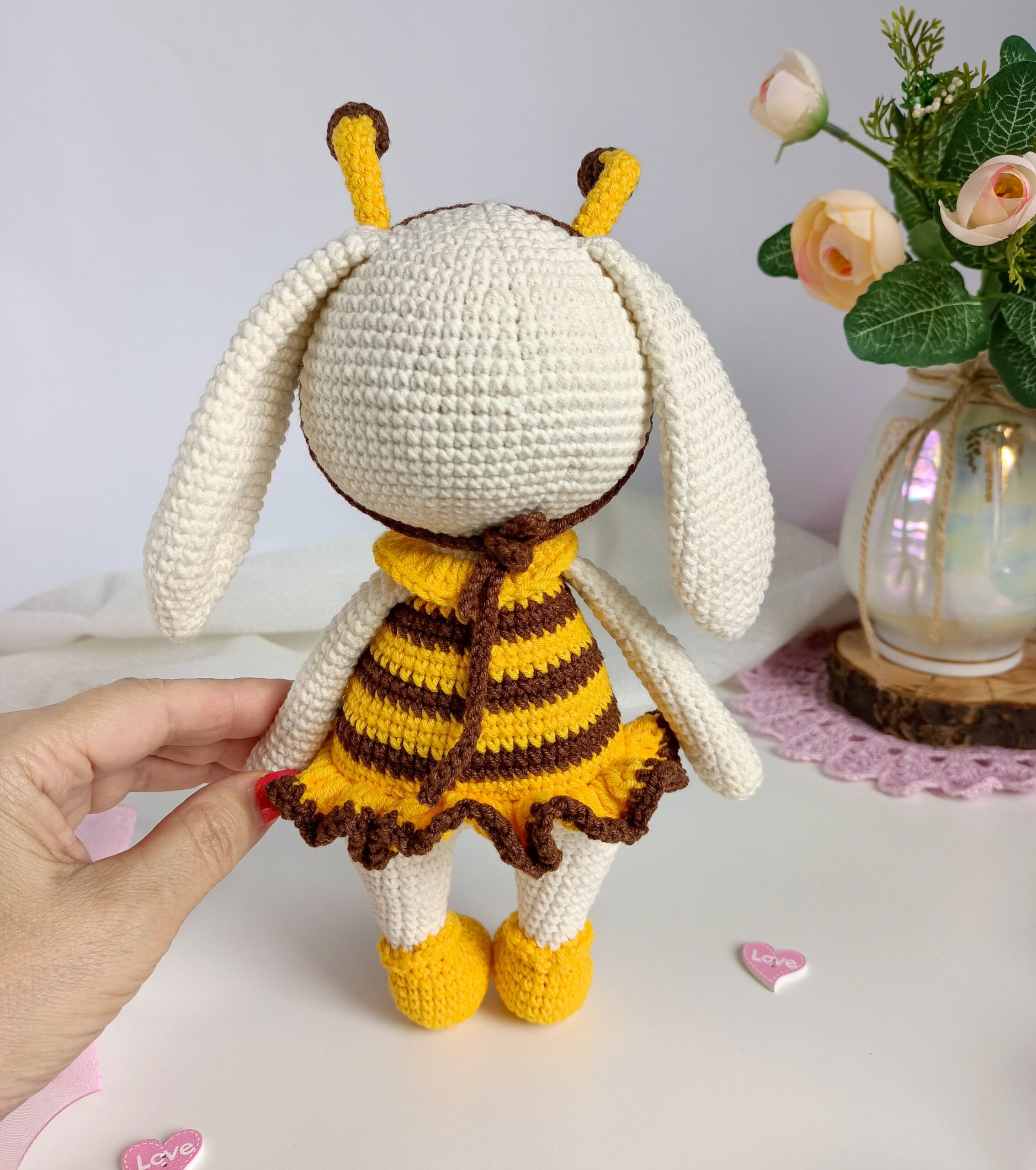 Bunny crochet pattern in a bee dress. Crochet toy patterns