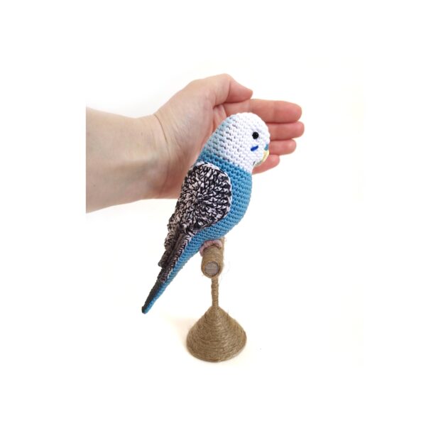 Crochet blue budgie with jute stand