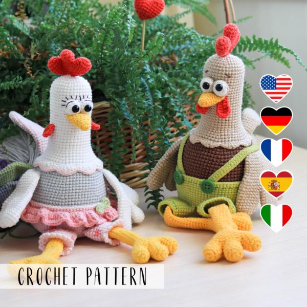 Funny crochet rooster and hen