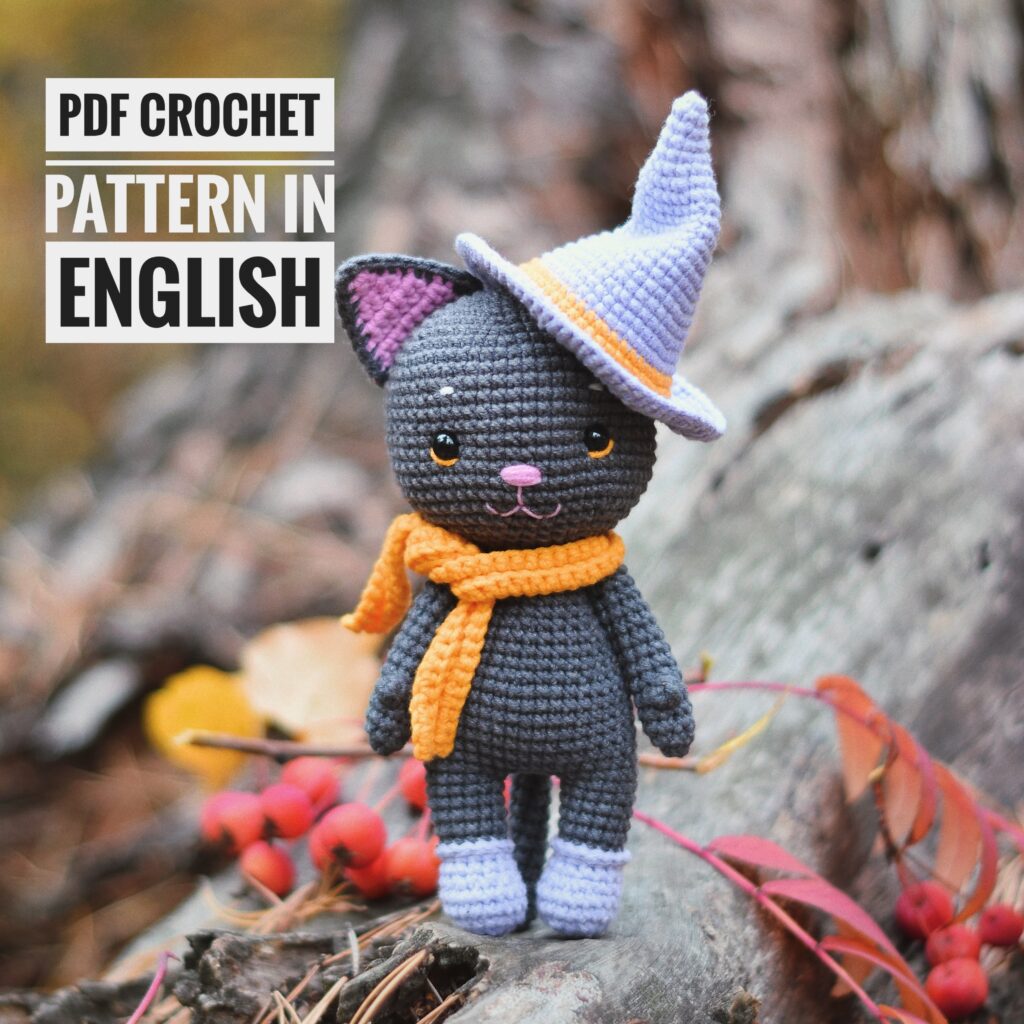 Halloween Crochet Black Cat Witch doll Tilda decor amigurumi sold doll halloween decor stuffed doll black cat toy orange pumpkin Halloween doll