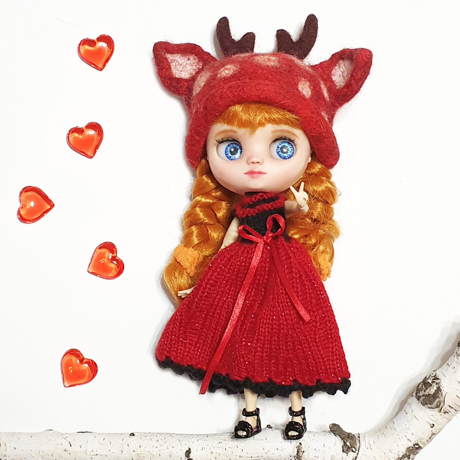 Middie Blythe doll red dress and cute red hat with ears and horns -  DailyDoll Shop