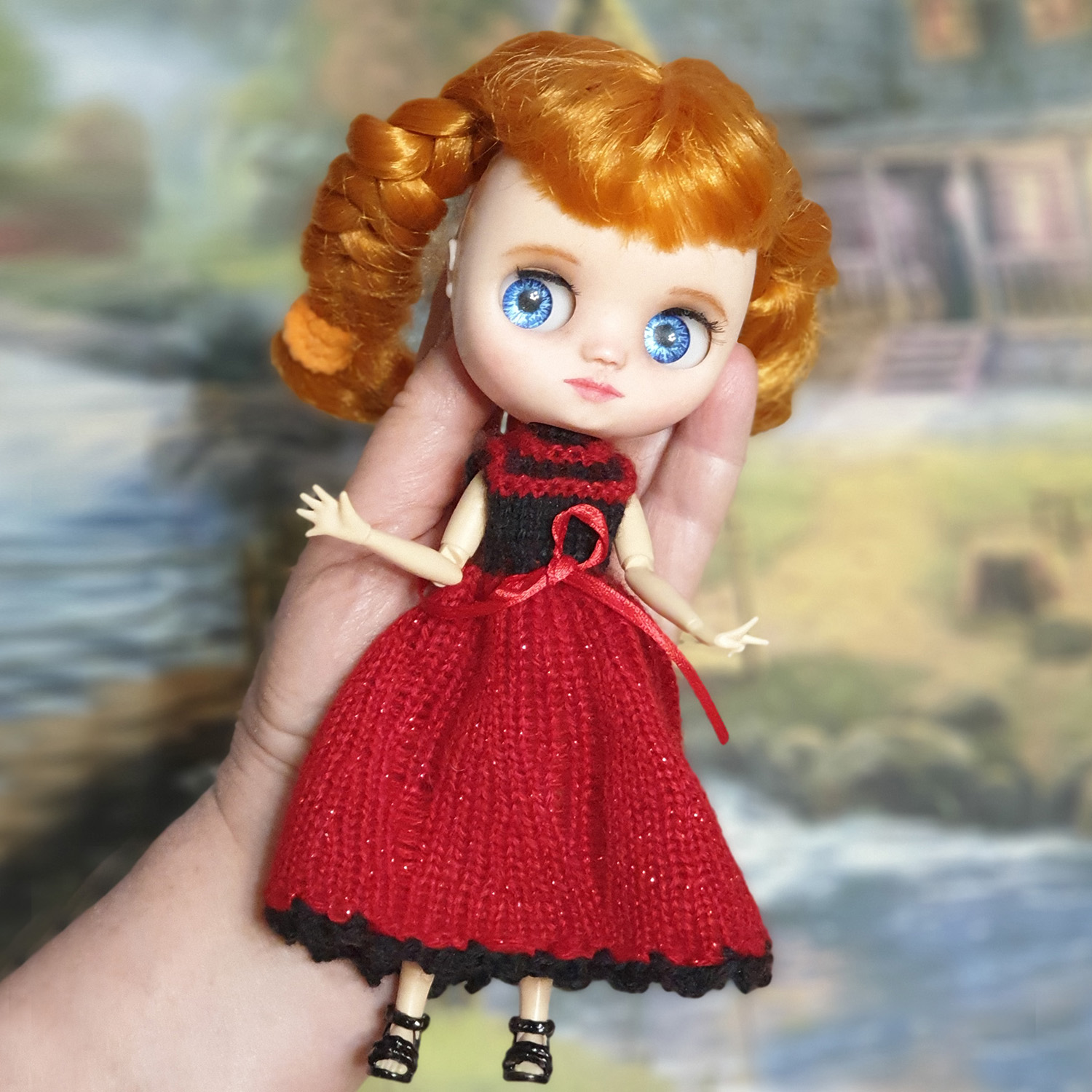 Middie Blythe doll red dress and cute red hat with ears and horns -  DailyDoll Shop