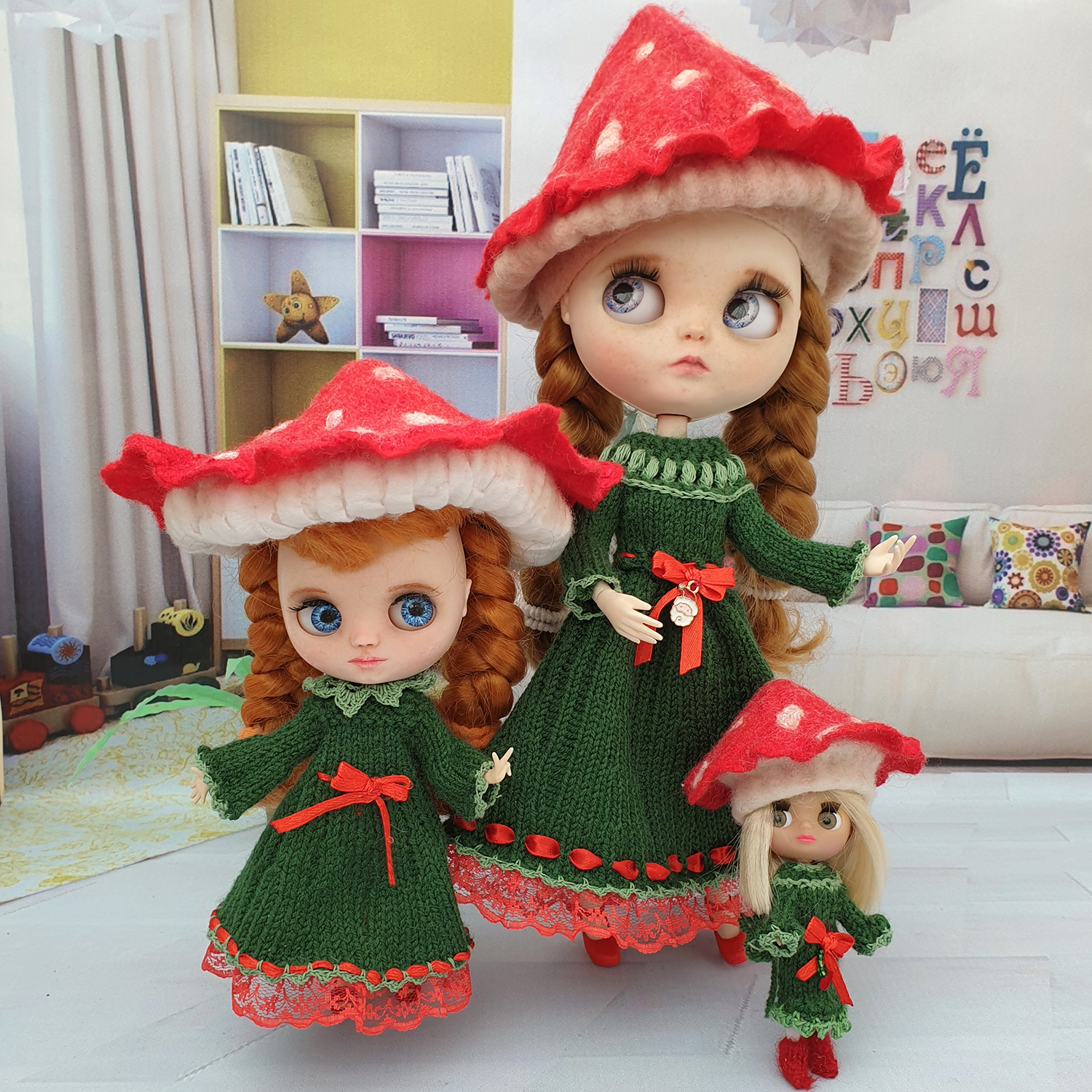 Little girl In Red Dress With Cute Mushroom - Needle Felting