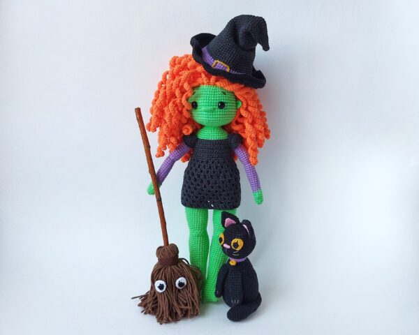 Crochet doll pattern halloween amigurumi. Halloween decor crochet witch.