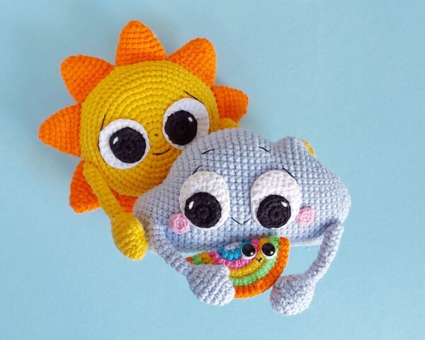 Сrochet pattern amigurumi sun. Nice family. Dad is a toy sun, mom is a cloud and baby is a rainbow. Decor for your home.