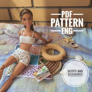 PDF Crochet Pattern Clothes and Accessories for Barbie Type 12 inch Dolls Beach Outfit and Accessories Blanket Handbag Crop Top Shorts Set