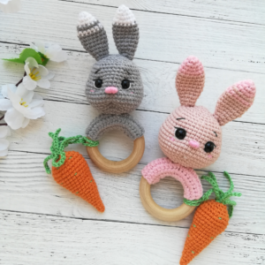 Crochet bunny rattle pattern, amigurumi rabbit teething ring