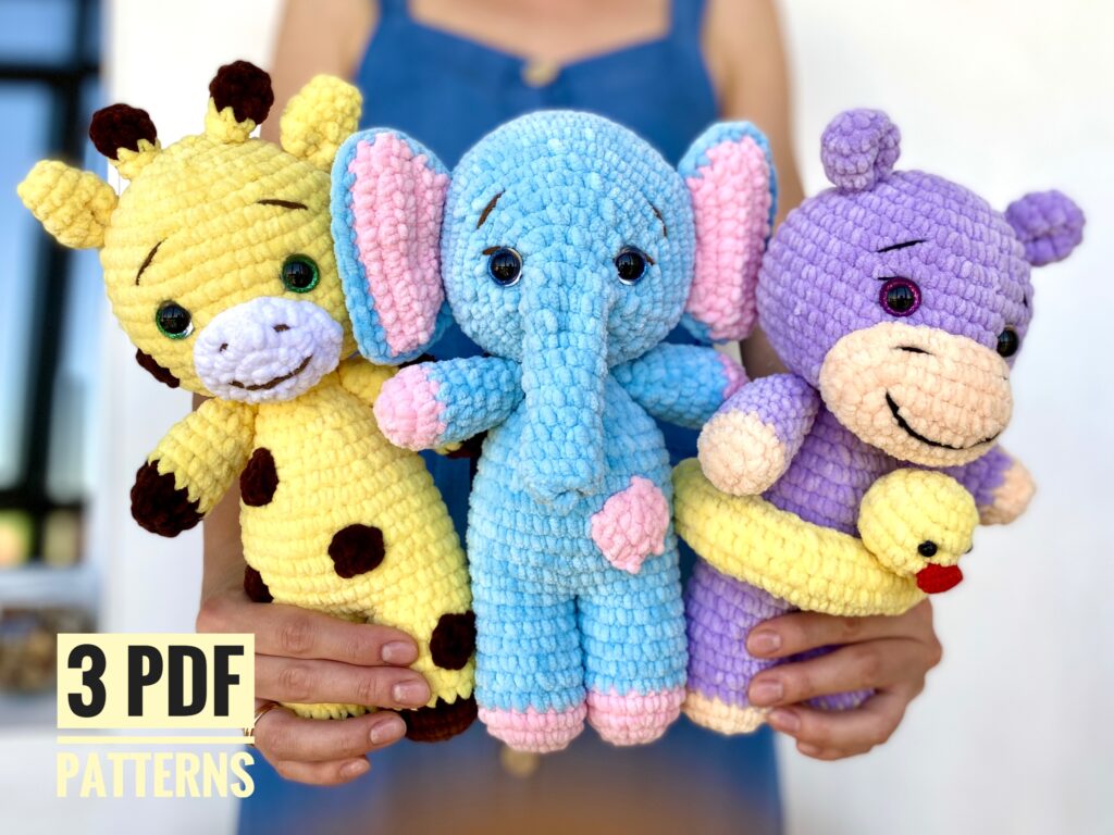 CROCHET PATTERN Giraffe Elephant Hippo plush - Amigurumi