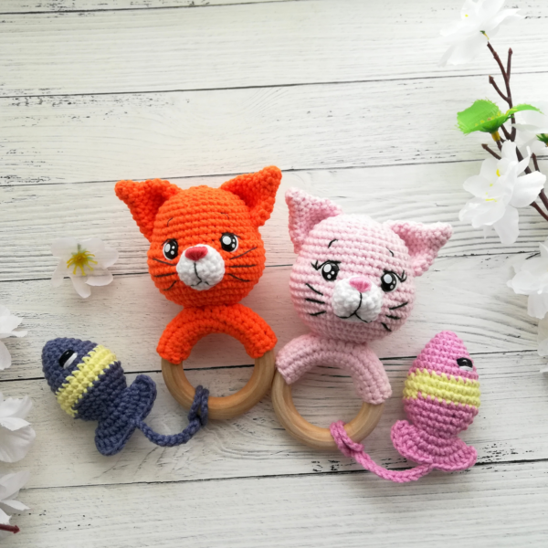 Crochet cat baby rattle pattern, amigurumi teething ring