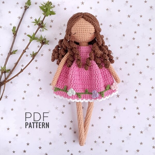 Crochet Jasmine the doll in a flowery dress amigurumi pattern