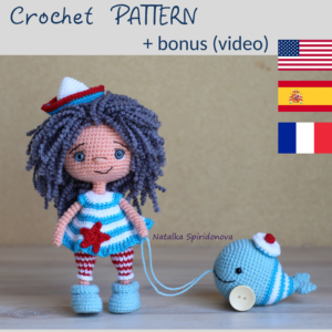 Crochet pattern amigurumi sailor doll with whale, pdf, video lessons