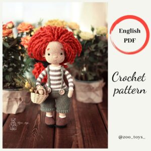 Crochet Pattern doll with long ginger hair. Amigurumi doll