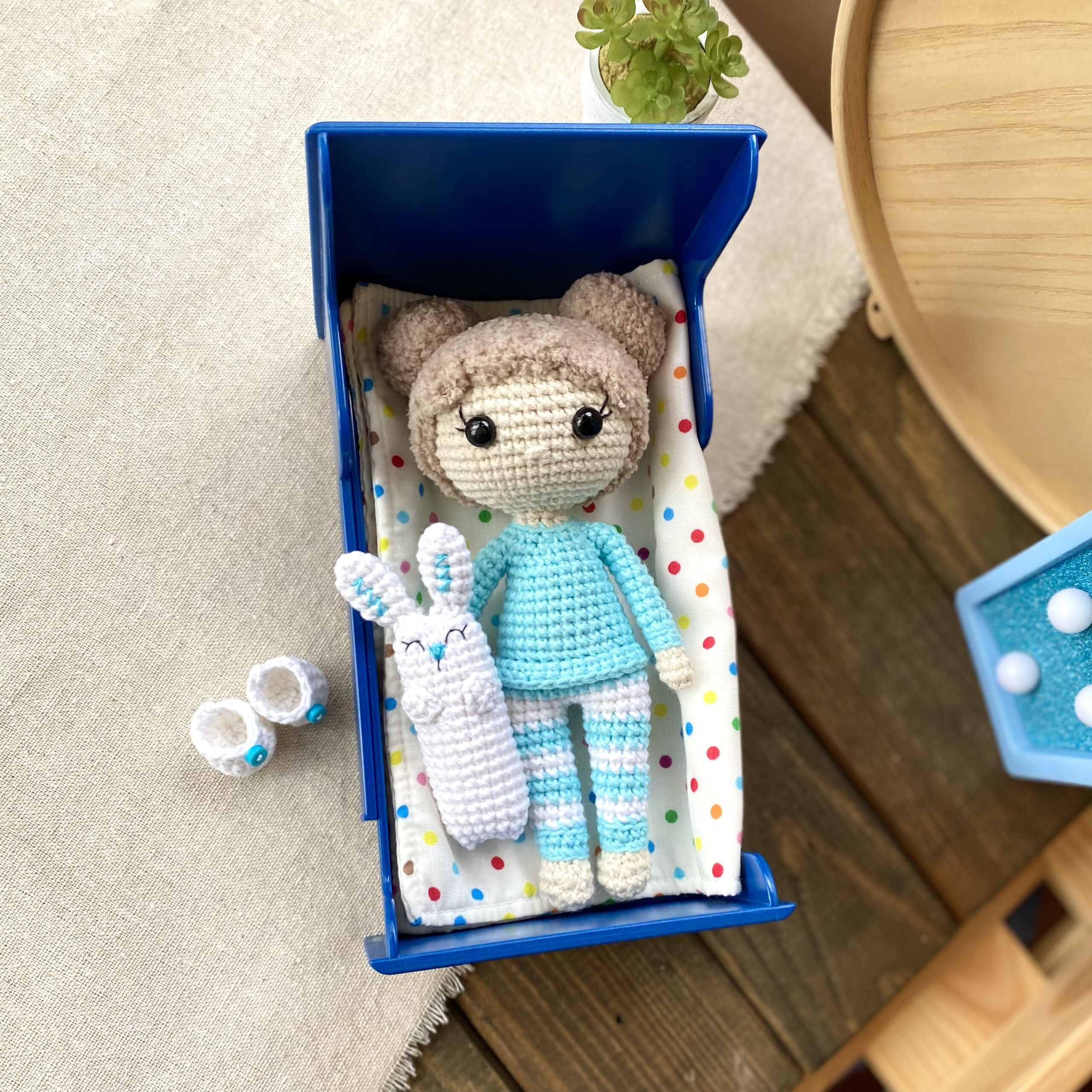 Doll in pajamas crochet pattern. Amigurumi doll with bunny