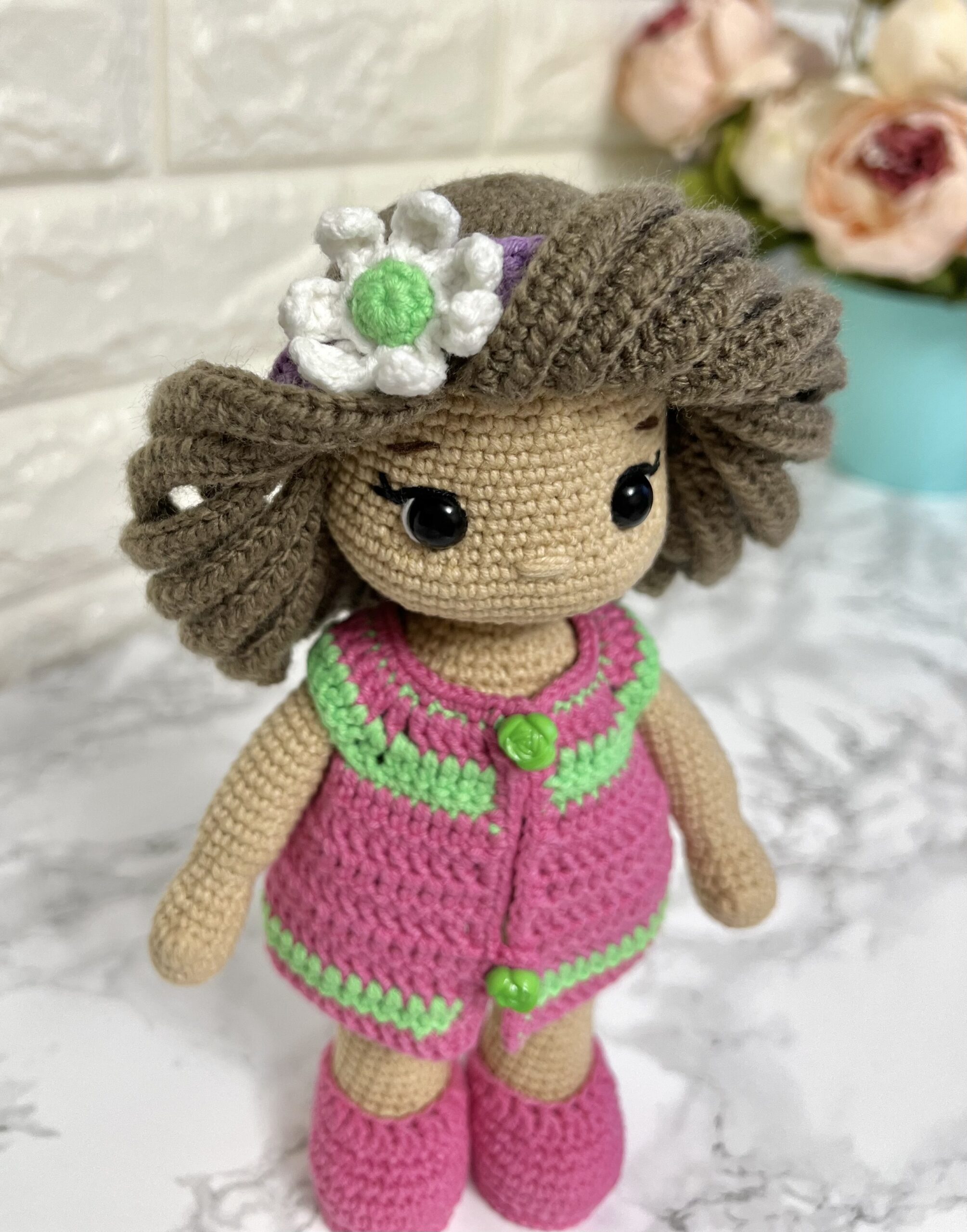 Crochet doll pattern, doll in pink dress, 9 inch doll