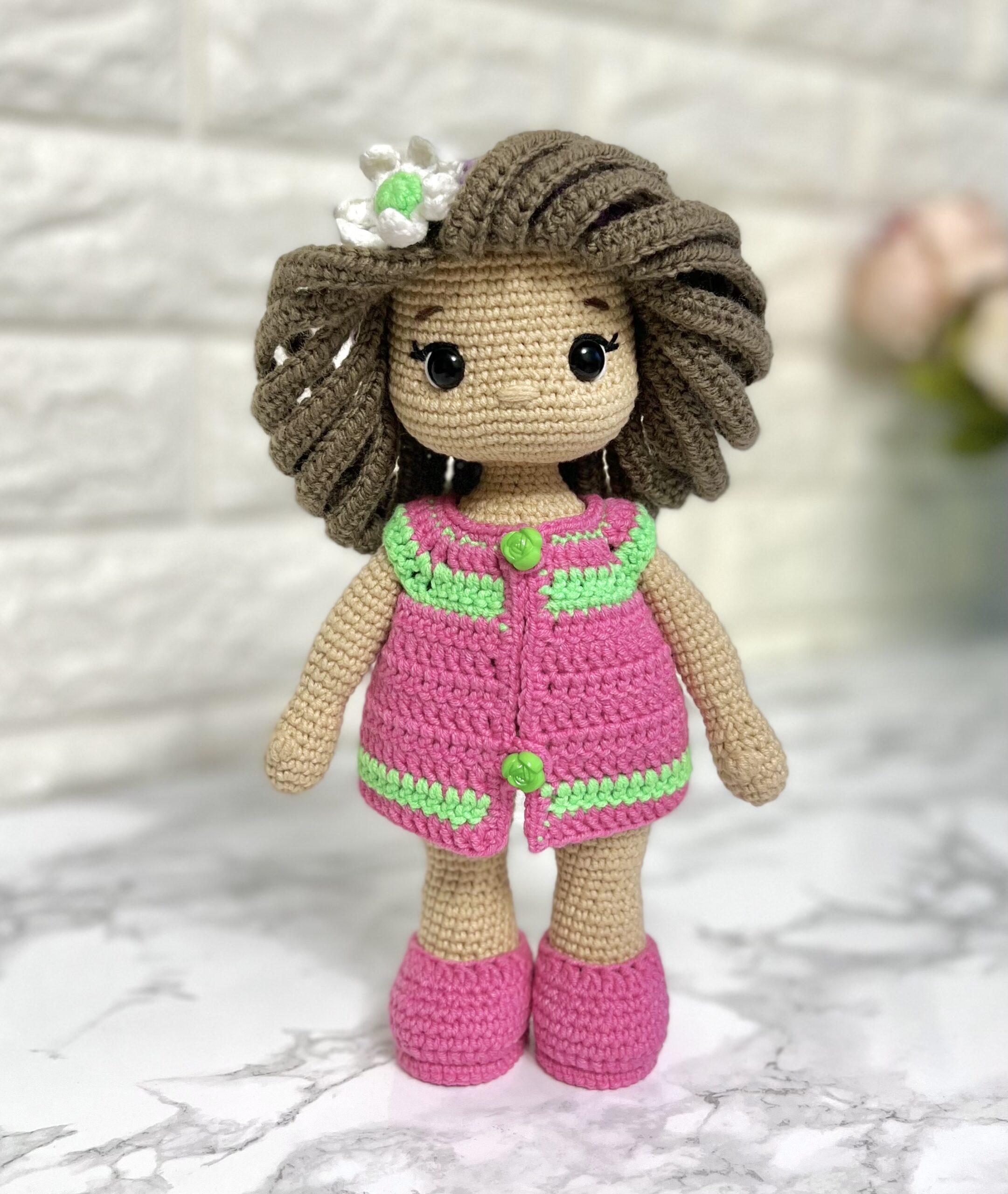 Crochet doll pattern, doll in pink dress, 9 inch doll