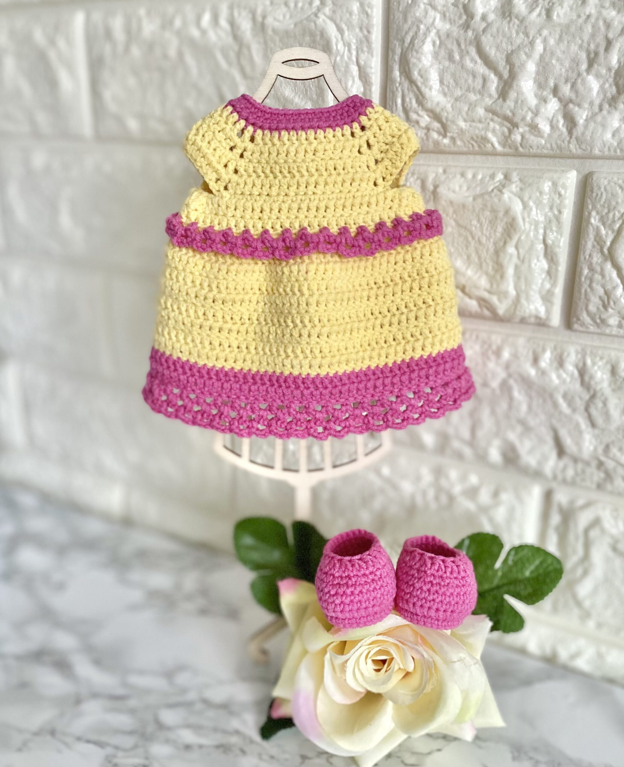 Crochet doll clothes pattern, Amigurumi yellow doll dress