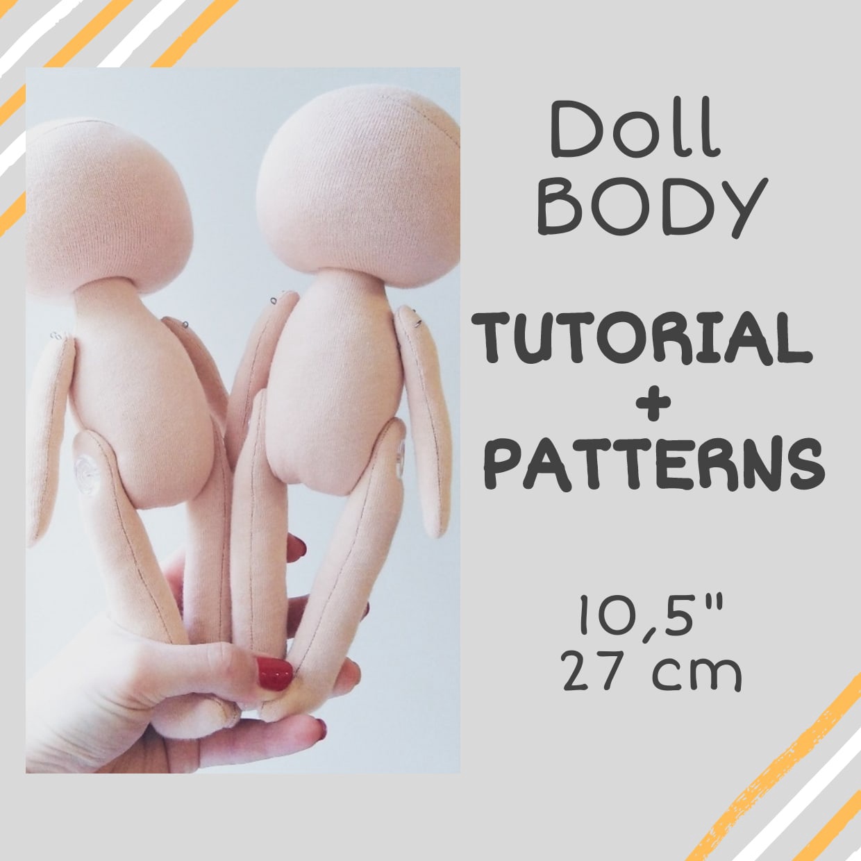 Textile interior doll body PDF pattern, Cute tilda doll template