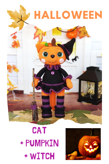 Halloween decor toy 3 in 1, pumpkin, witch with broom and a cat 9 ccc