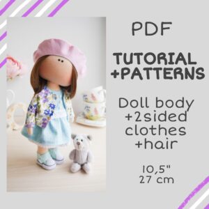 Textile interior doll body PDF pattern, Cute tilda doll template