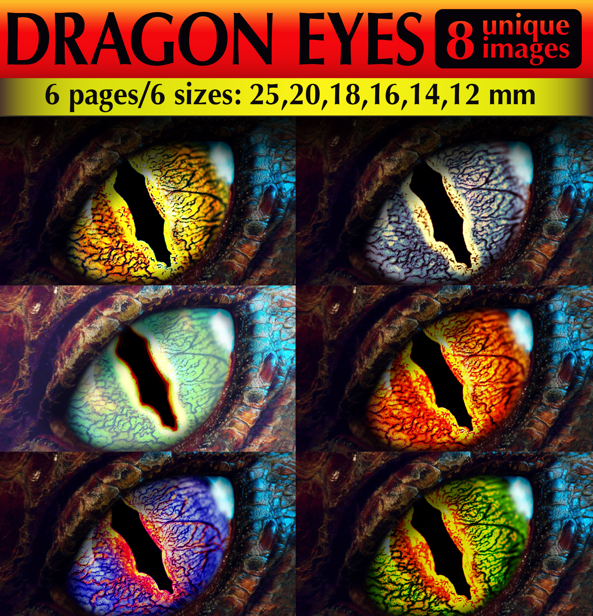 Dragon Eyes Digital Collage Sheet from 12mm to 25mm - DailyDoll Shop