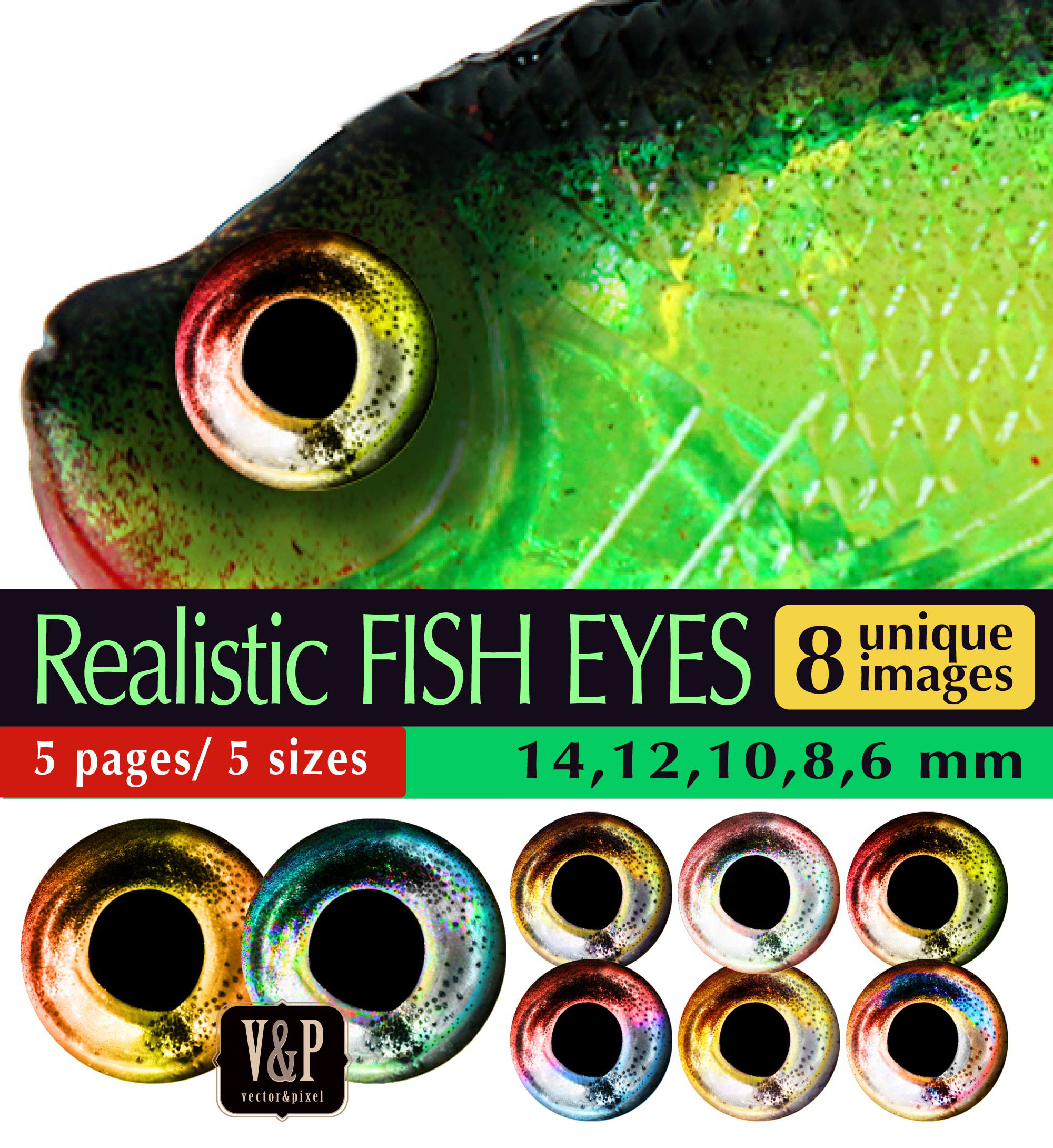 Fish Realistic Eyes Digital Collage Sheet from 6mm to 14mm - DailyDoll Shop