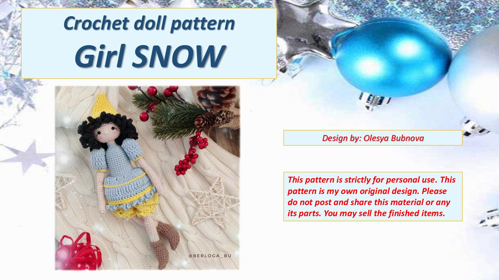Crochet pattern doll Girl SNOW. Amigurumi doll. In English PDF. 5 girl Snegka pdf