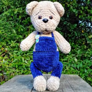 Amigurumi crochet plush teddy bear pattern in overalls