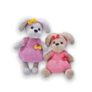 Crochet amigurumi plush dog in a dress pattern