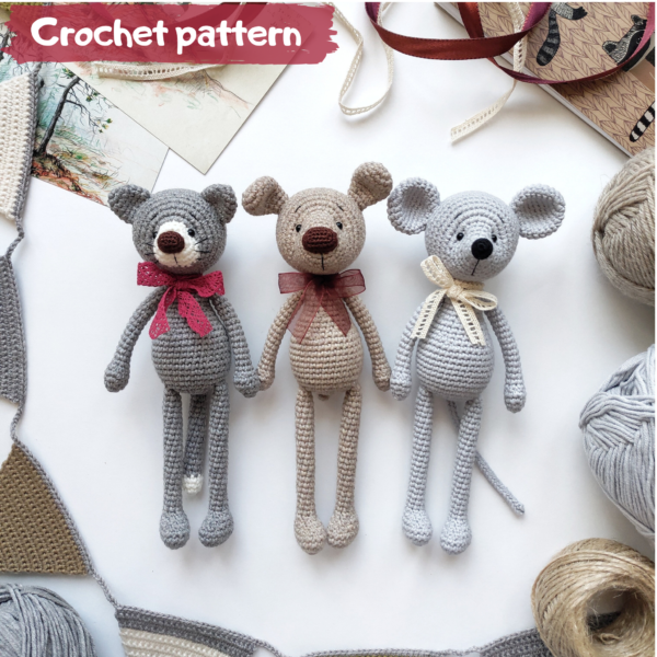Crochet toy | Amigurumi | Crochet Baby Animals series: Cat, Mouse and Dog. Pattern 3 in 1 | Bosikosha crochet pattern