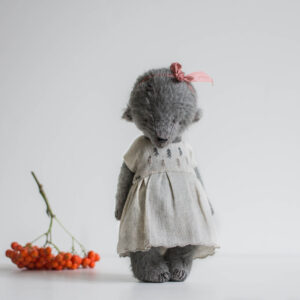 cute gray mohair teddy bear in doll dress with embroidery