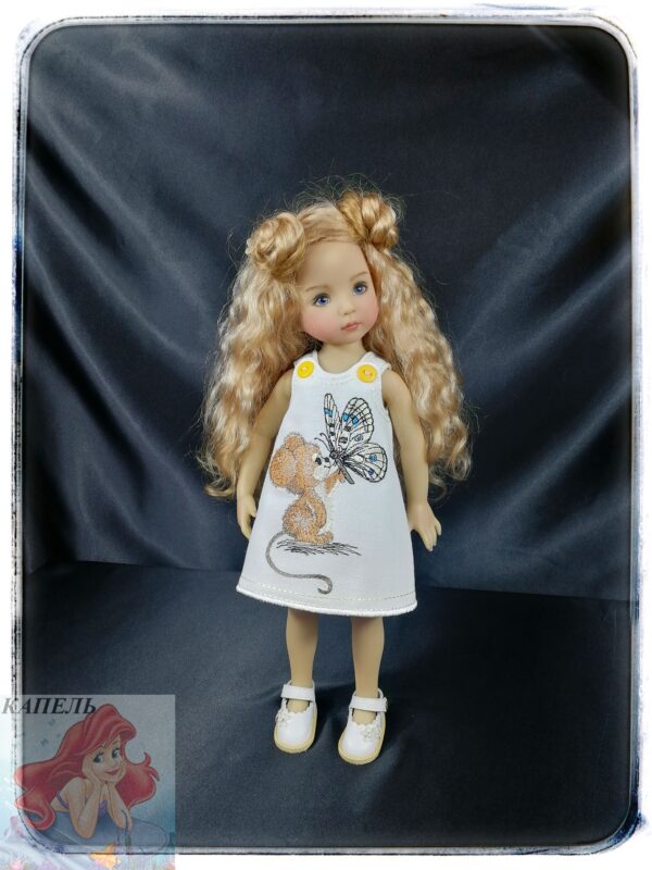 Embroidered dress for doll Dianna Effner Little Darling "Mouse and Butterfly" (For Doll Size: 13 inch)