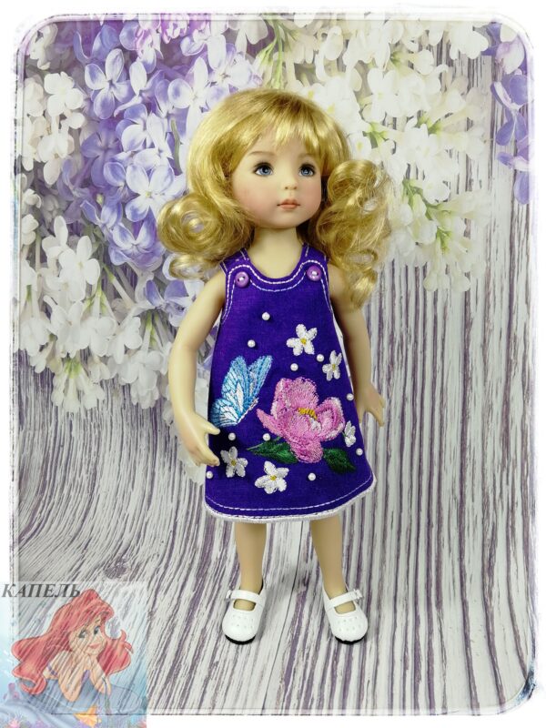Embroidered dress for doll Dianna Effner Little Darling " PION WITH BUTTERFLIES" (For Doll Size: 13 inch)