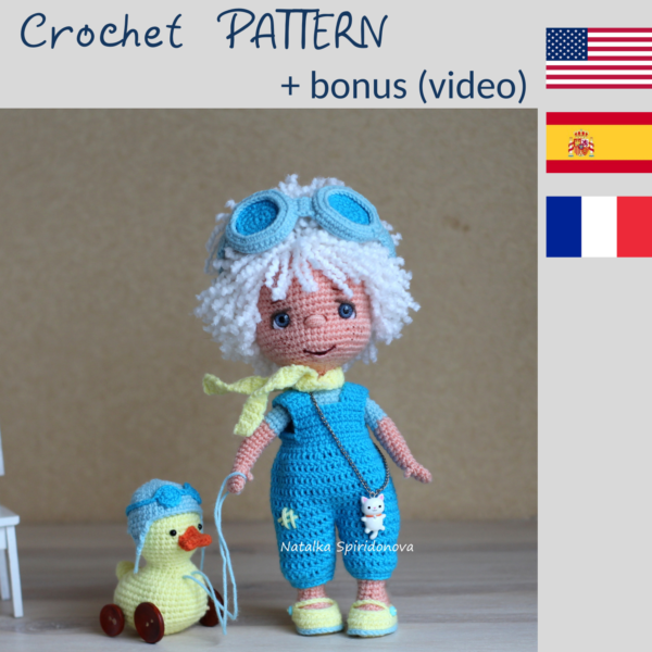 Crochet pattern curly boy with duck,amigurumi doll,pdf