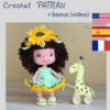 Crochet pattern sunflower doll with giraffe, amigurumi, pdf, cute