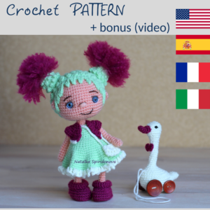 Crochet pattern milk thistle doll with goose, amigurumi