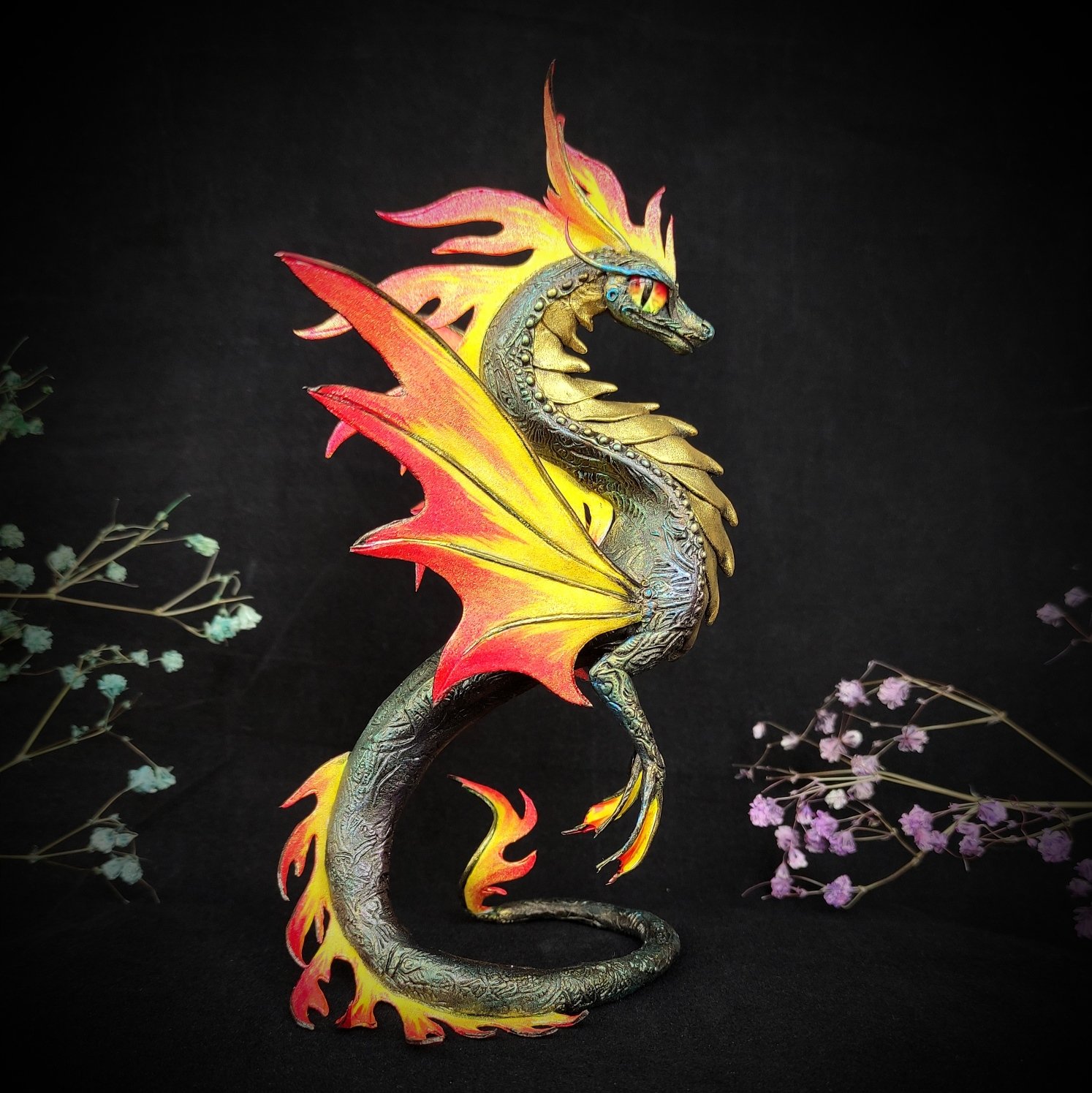 Fantasy art statue of fire dragon. 1 Beautiful animal figure