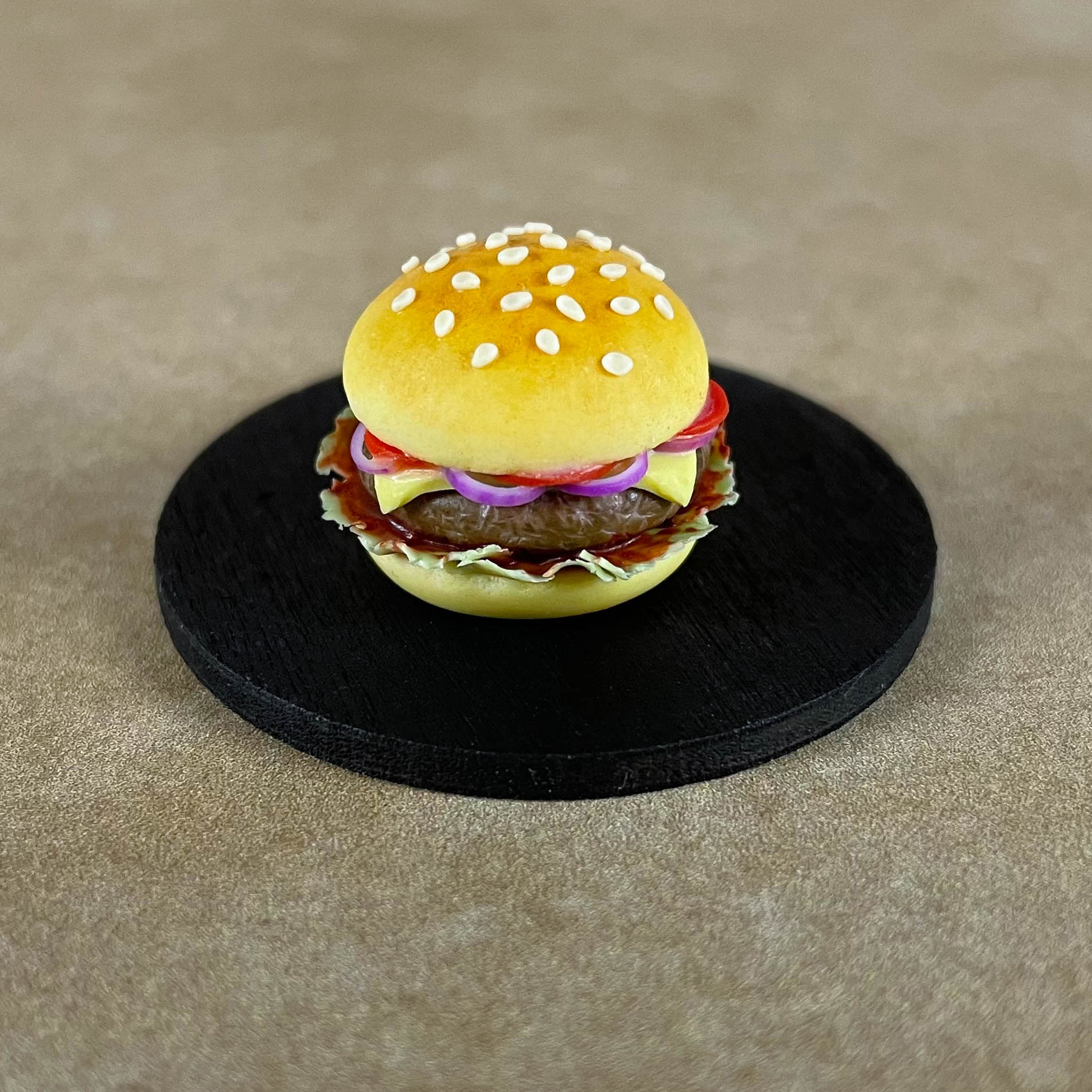 Miniature burger for dollhouse made of polymer clay