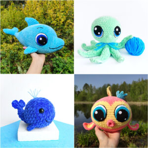 Häkelmuster DOLPHIN, FISCH, OCTOPUS & Baby Wal, Amigurumi Meerestiere, Goldfisch mit großen Augen, Plüsch Delfin