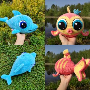 Set de patrones de Delfines y Peces a crochet, Peces de colores con ojos grandes, Criaturas marinas a crochet Amigurumi