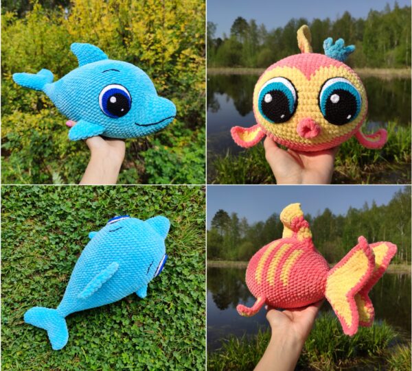 Crochet DOLPHIN & FISH patterns set, Goldfish with big eyes, Amigurumi crochet sea creatures