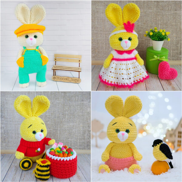 BUNNY + 3 CLOTHES SET crochet pattern, Plush Bunny with crochet toy clothes: dress, sweater , overall, backpack
