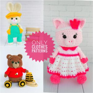 3 TOY CLOTHES SET crochet pattern, Crochet doll clothes: dress, sweater, overall, backpack
