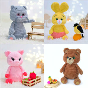 4 CROCHET PATTERNS: Bear, Bunny, Cat & Pig, Amigurumi plush toy pattern, Cute animal pattern