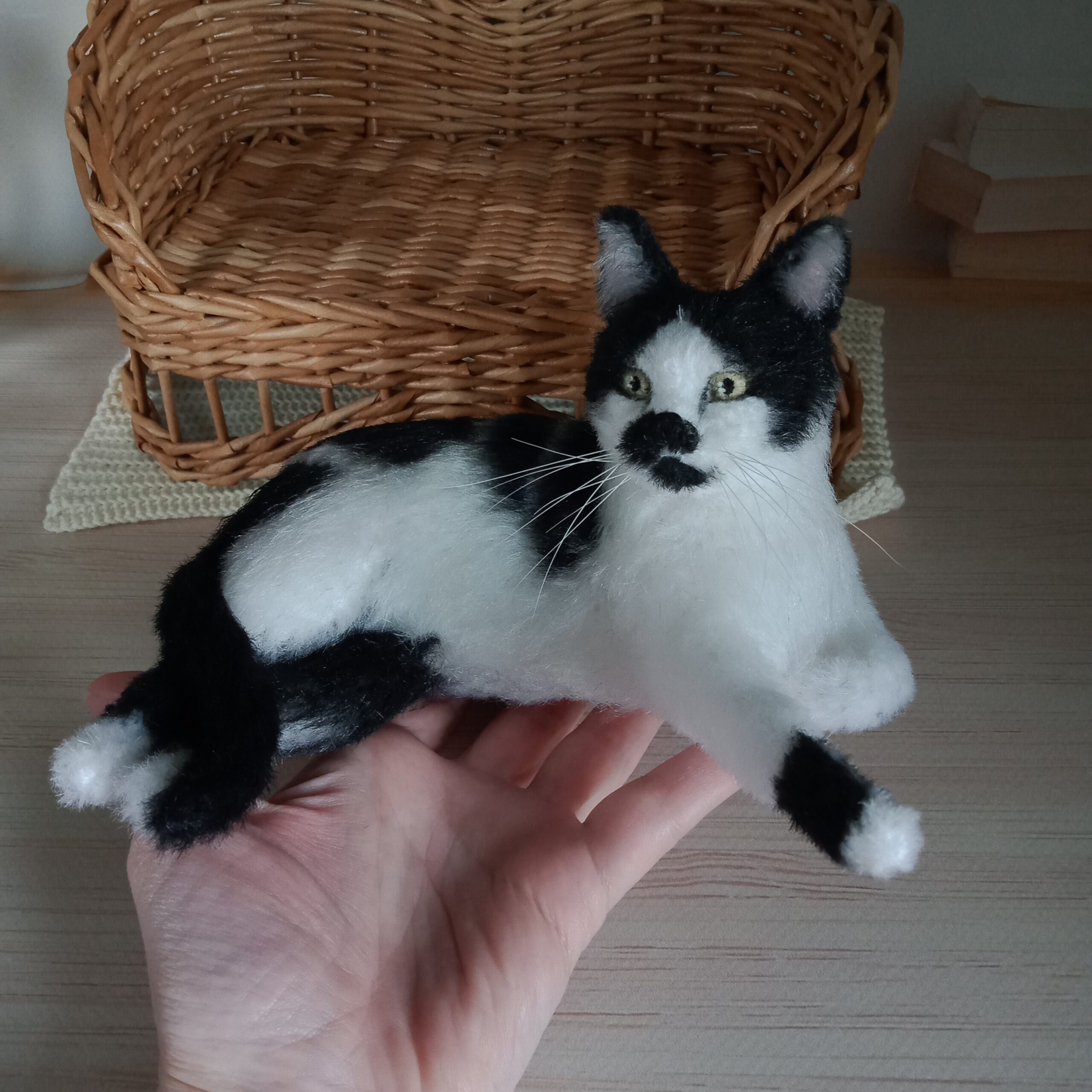 Custom miniature realistic crochet white-black cat figurine
