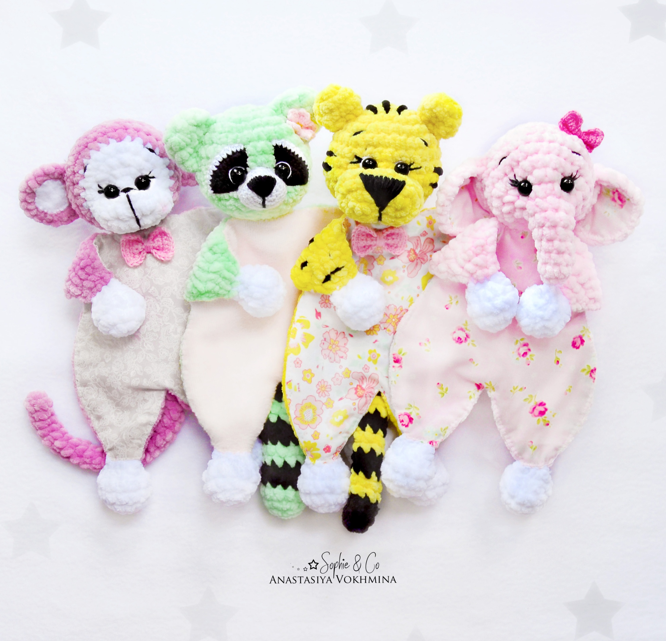CROCHET PATTERN Baby Lovey Toy - 4 in 1 | Monkey, raccoon, tiger, elephant