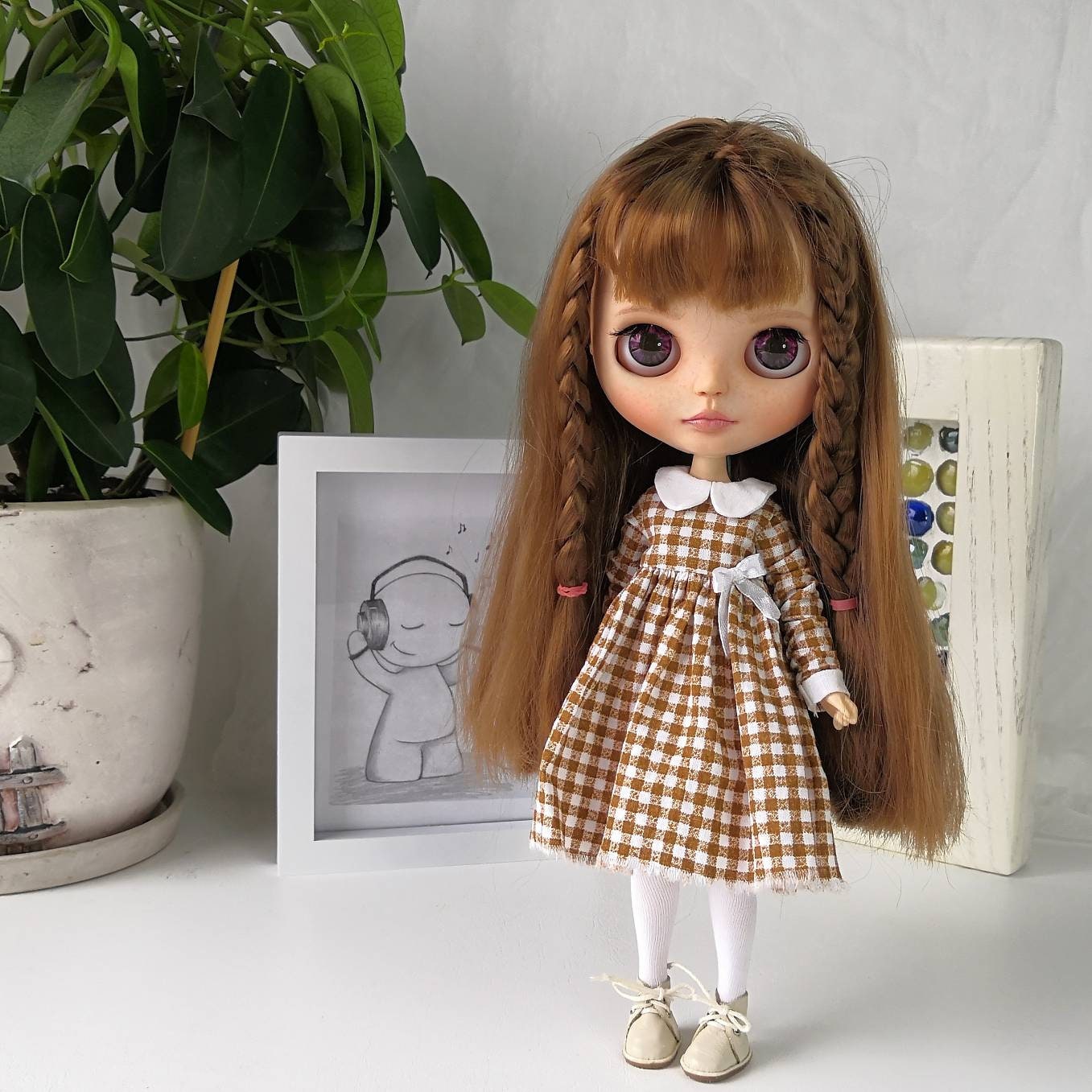 Checkered new dress Blythe doll with long sleeves a collar2